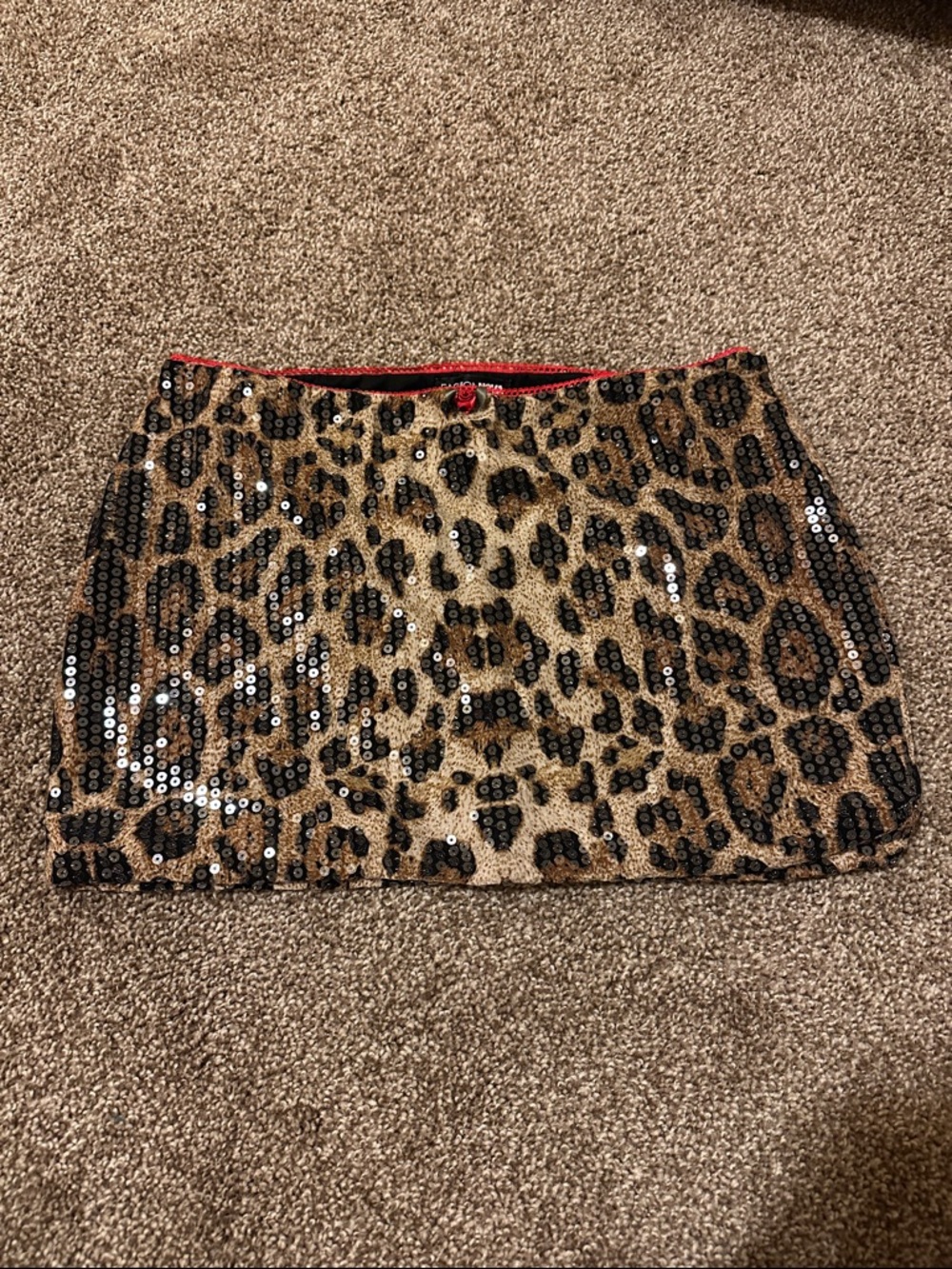Fashion Nova Leopard Sequin Mini Skirt - Tan & Black with Red Trim
